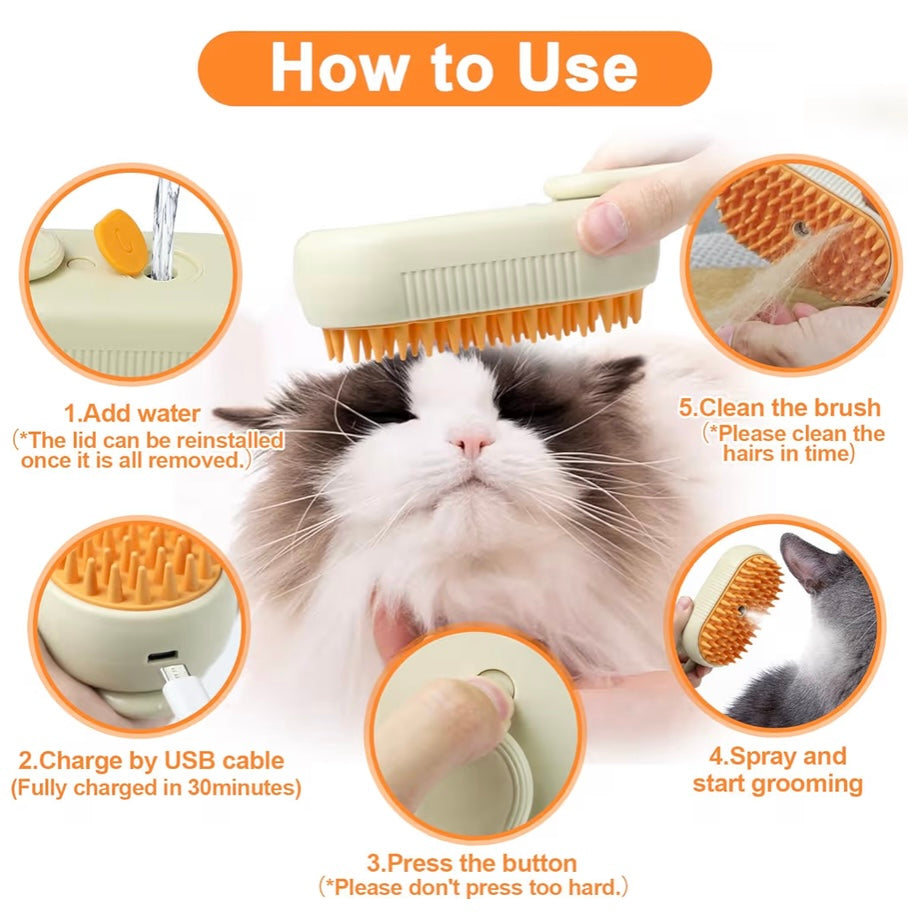 CalmPaws Solutions™ Electric Pet Grooming Brush – 3-in-1 Steam & Massage
